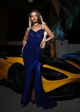 Gustave | Royal Blue Black Mermaid V Neck Sequin Feather Formal Dress with Slit - Royal Blue - PromDressClub